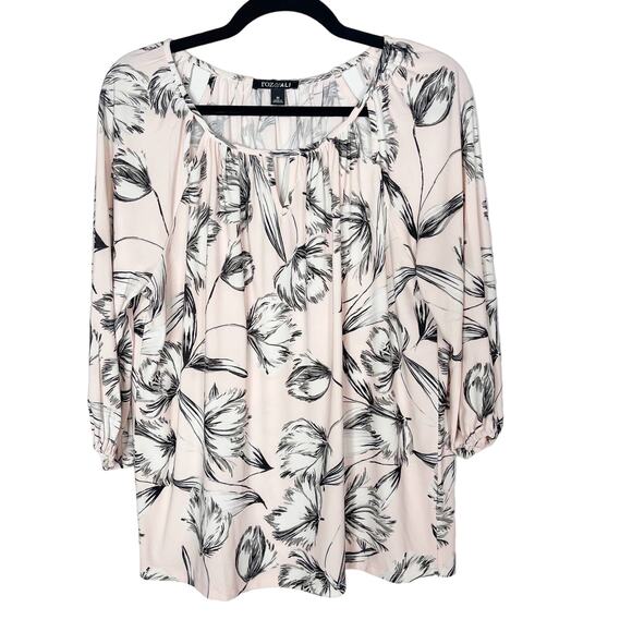 Roz & Ali Medium M Blush Pink Gray Floral Keyhole Cut Out Blouse 3/4 Sleeve - Picture 1 of 9